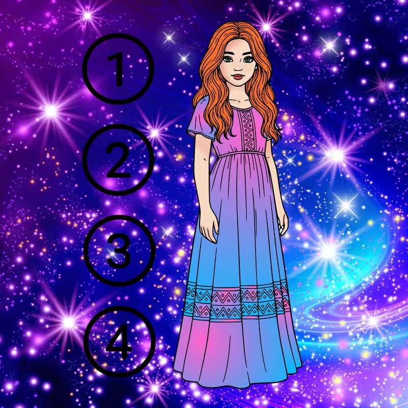 a girl with a bunch of circles on the side of the drawing next to her with numbers 1 2 3 and 4 and no background tall realistic girl