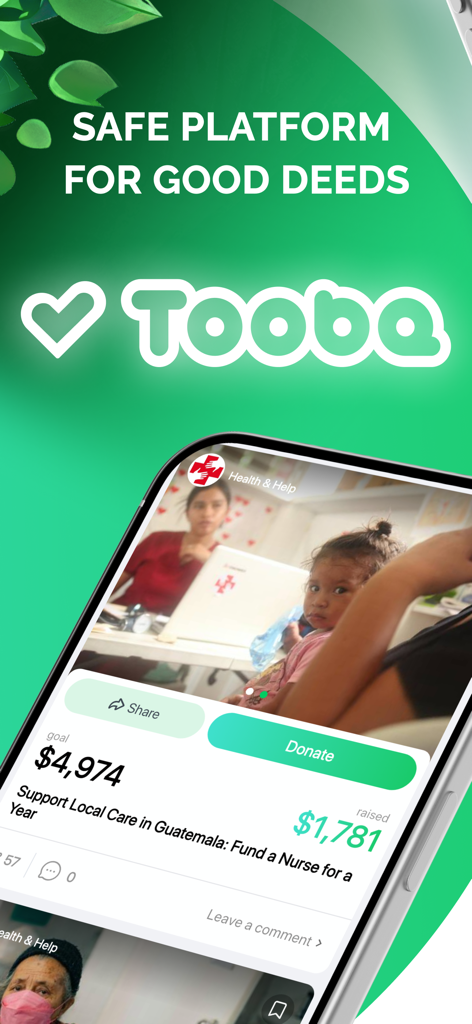 Tooba app interface displaying a charitable project to support local care in Guatemala.