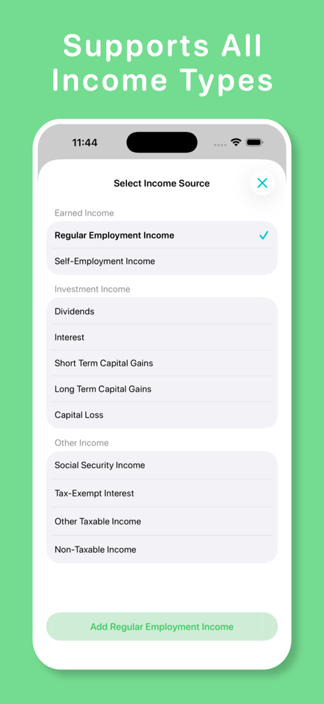 My Paycheck Calculator - Screenshot of the My Paycheck Calculator app showing a menu to select various income sources including salary investment income and capital gains
