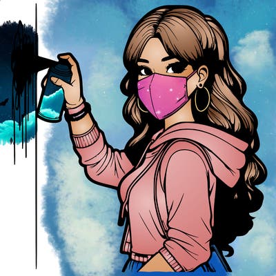 realistic girl with mask spray painting a wall