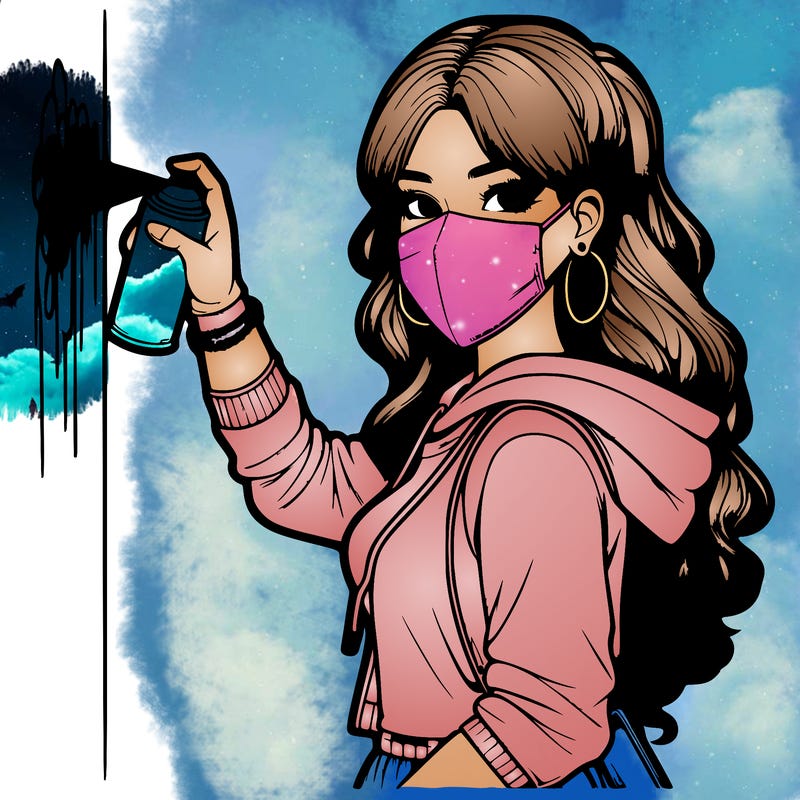 realistic girl with mask spray painting a wall