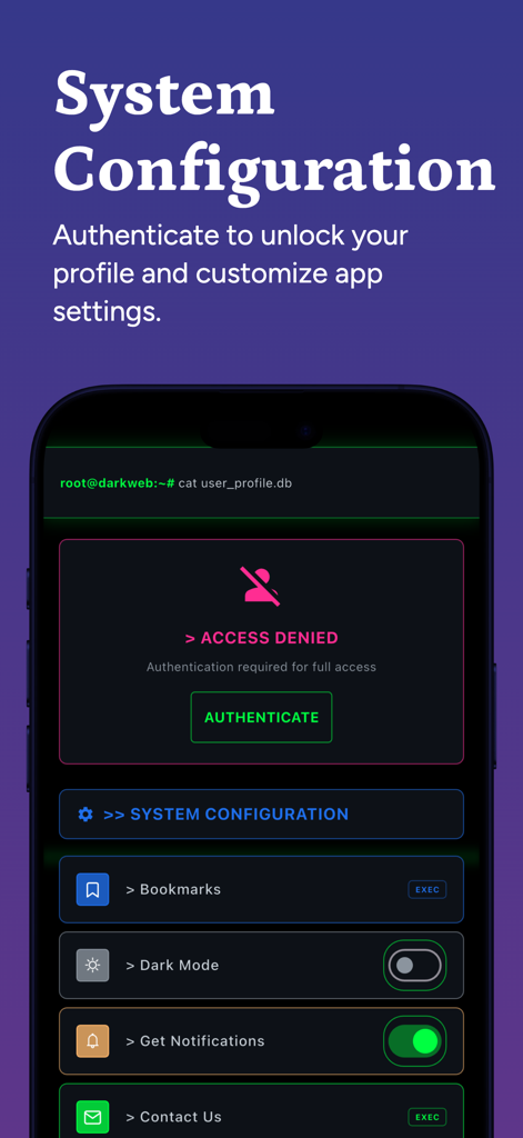 System configuration and settings screen of the Deep Web and Dark Web mobile app featuring a hacker aesthetic.