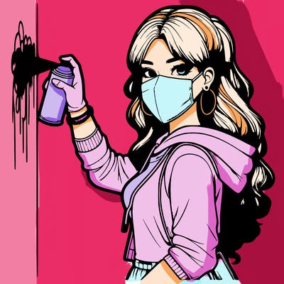 realistic girl with mask spray painting a wall