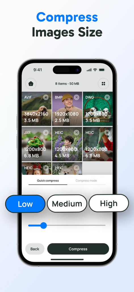 複数のファイル形式に対して、低・中・高の品質設定で画像圧縮オプションを表示するモバイルアプリのインターフェース
