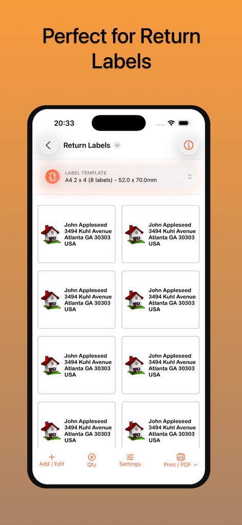 La aplicación Impresora de Etiquetas mostrando una cuadrícula de etiquetas de dirección de remitente personalizadas con un ícono de casa para envíos.