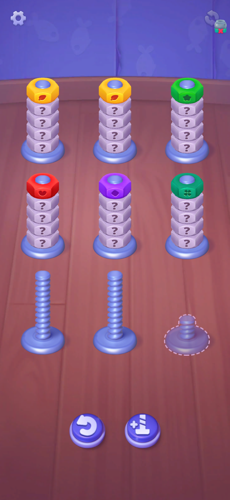 Nuts UP! Bolts Sort Puzzle - Gameplay screen of Nuts UP Bolts Sort Puzzle showing colorful nuts with icons stacked on bolts