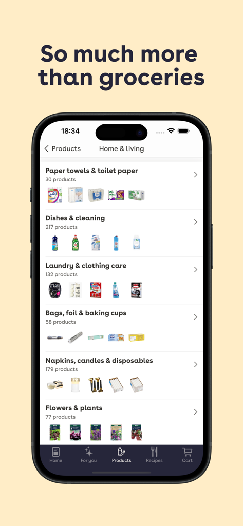 Mathem app screen showing various home and living product categories