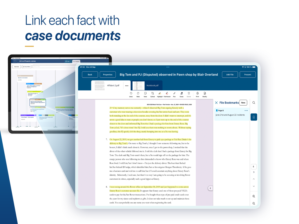 Case Crafter - Trial Presenter - Case Crafter iPad interface showing highlighted legal documents and evidence bookmarks linked to a case timeline