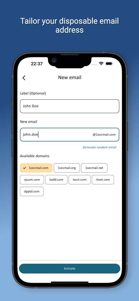 Interface to create a custom disposable email address by choosing a prefix and domain.