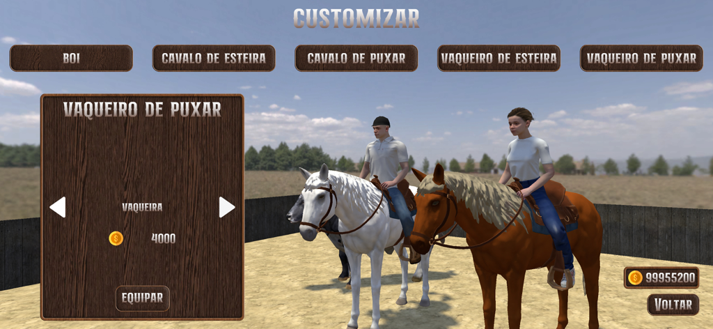 Valeu Boi: O Jogo da Vaquejada - Customization menu in the Valeu Boi game showing horse and rider selection options in a rodeo arena