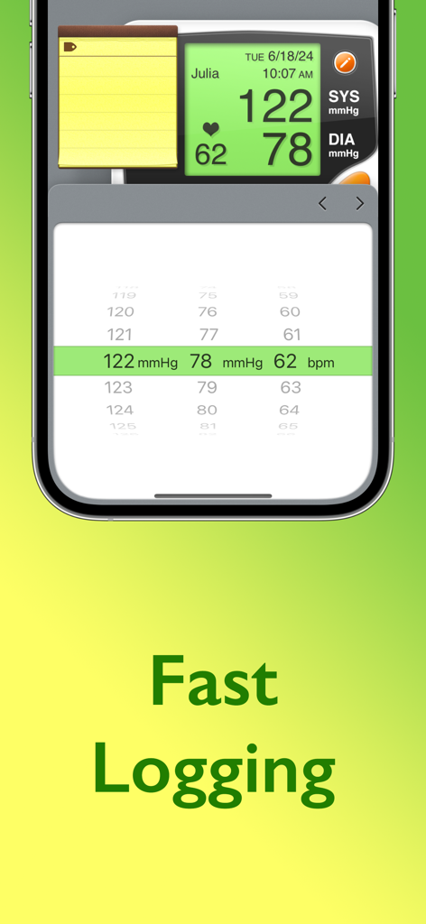 Blood Pressure: Tracker - A mobile interface showing the fast logging feature for recording blood pressure and heart rate readings.