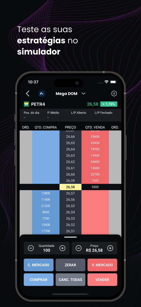 Fast Trade mobile app screen showing a trading simulator with market depth and order execution buttons