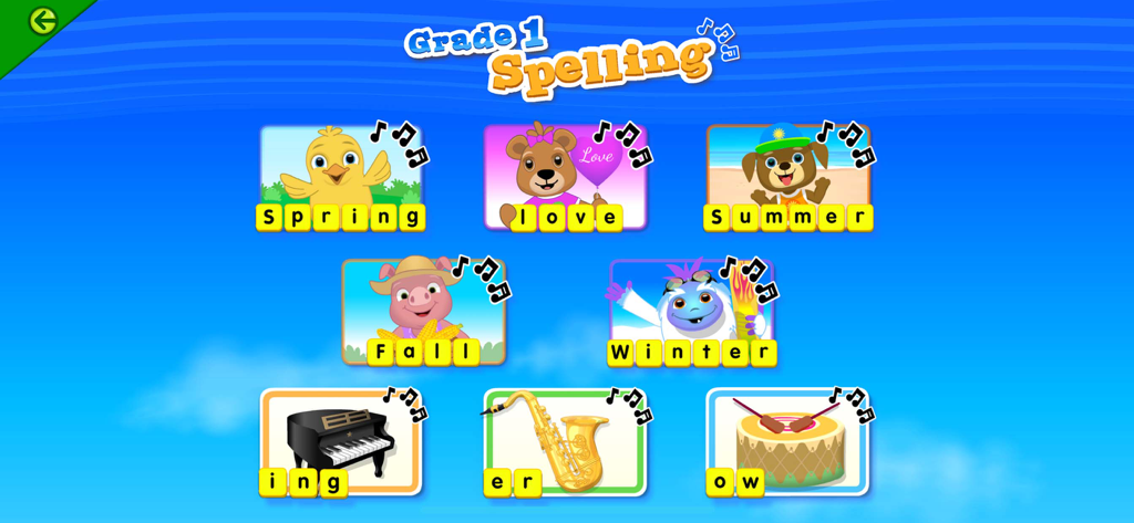 Starfall app Grade 1 Spelling menu with seasonal and musical activities.