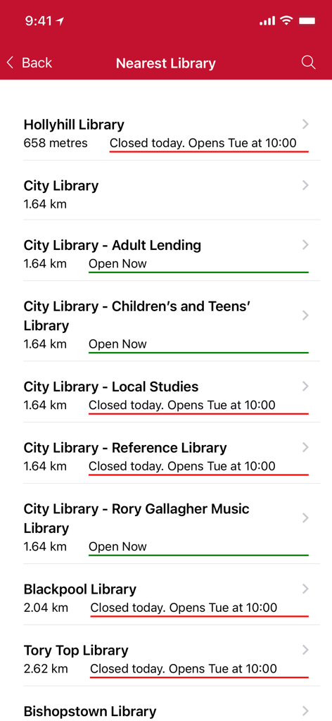 Cork City Libraries - List of nearest library branches with distances and opening status in the Cork City Libraries app