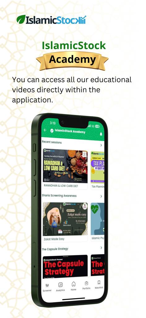 A smartphone displaying the IslamicStock Academy section with educational videos on Shariah-compliant investing and financial planning.