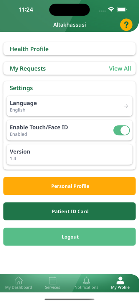Altakhassusi - The My Profile screen of the Altakhassusi medical app showing user settings and profile access.