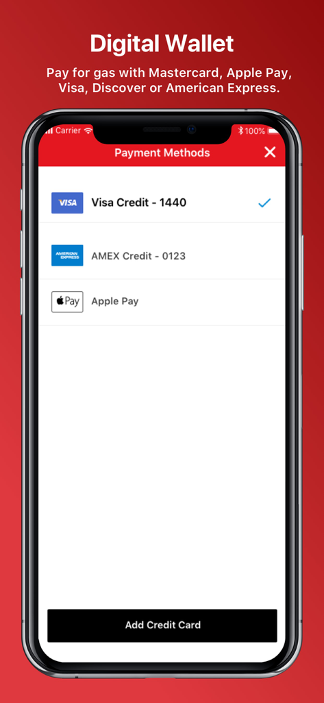 Safeway One Touch Fuel‪™‬ - Safeway One Touch Fuel app digital wallet screen showing payment methods including Visa AMEX and Apple Pay