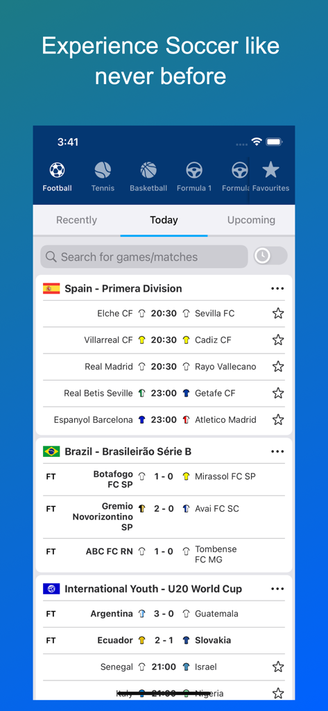 SwiftScore - Sports LiveScores - Interface of the SwiftScore app showing live soccer scores and match schedules for various international leagues