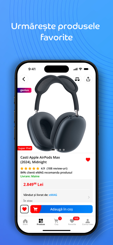 eMAG mobile app showing product details for Apple AirPods Max headphones