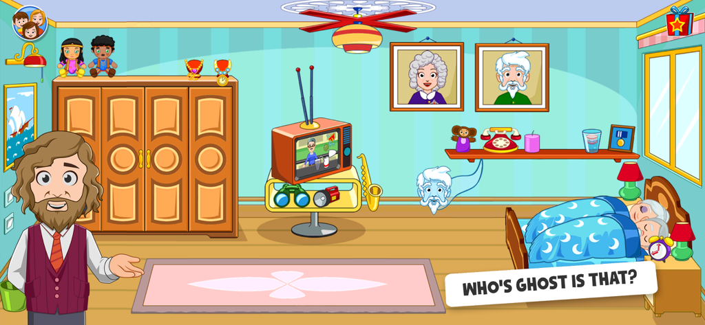 A bedroom scene in My Town Grandparents featuring sleeping grandparents and a mysterious floating blue ghost