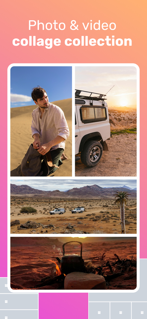 Andalusi: Design Photo & Video - Screenshot of the Andalusi app showing a photo and video collage collection with desert adventure themes
