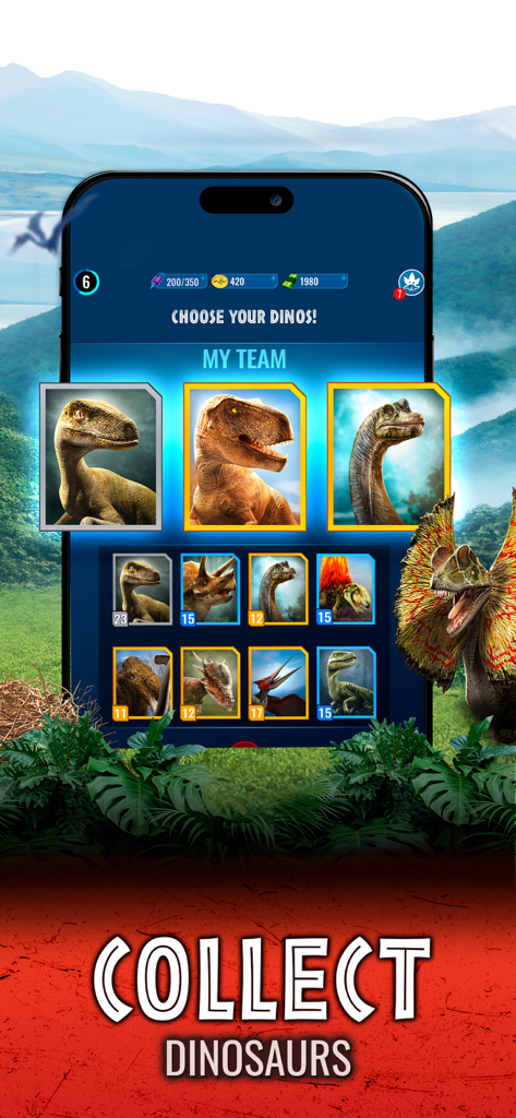 Pantalla de un teléfono móvil mostrando una lista de dinosaurios para coleccionar y gestionar en el juego Jurassic World Alive.