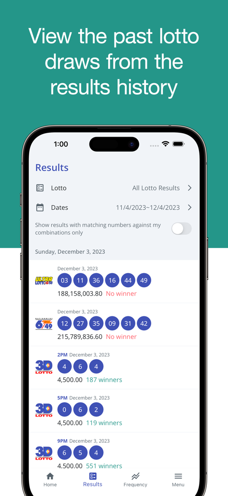 PCSO Lotto Results - iPhone screen showing the PCSO Lotto Results app with a history of winning numbers for Philippine lottery games
