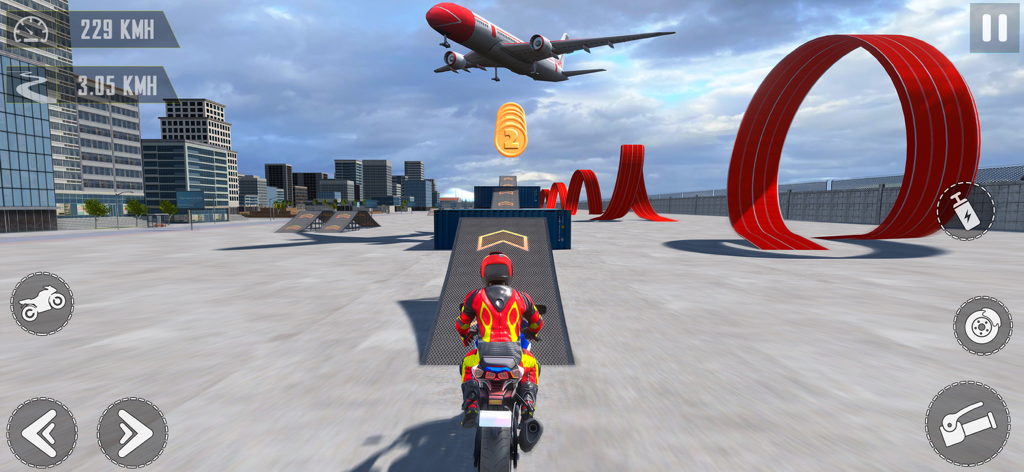 Racing Rider: Moto Bike Games - Piloto de moto preparándose para un salto en una pista de acrobacias con loopings y un avión.