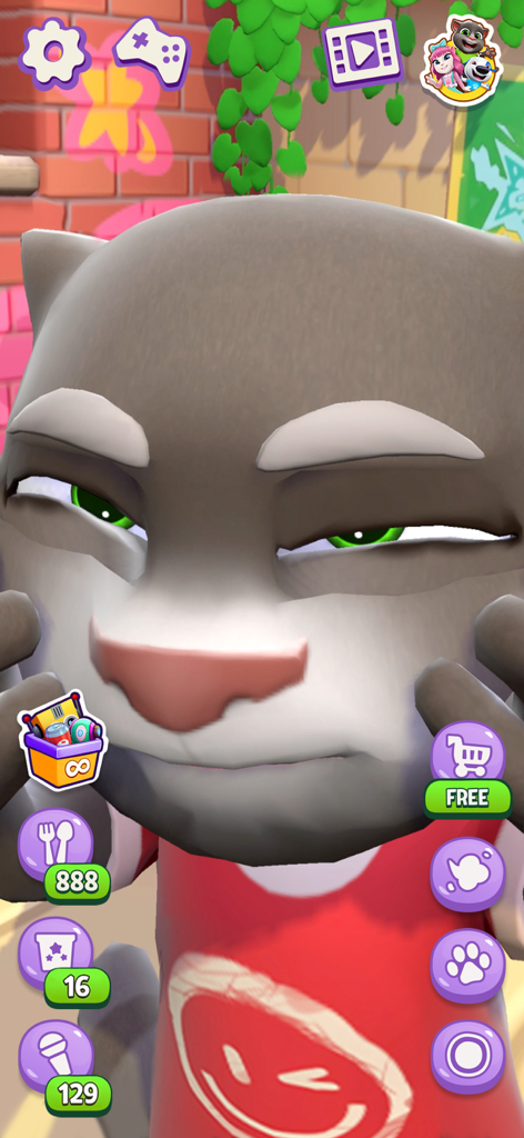 Close up of Talking Tom Cat with a funny squinting expression and gameplay buttons on screen