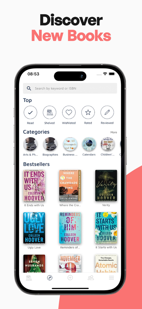 A mobile app interface titled Discover New Books showing categories and a grid of bestseller book covers like It Ends with Us and Verity.