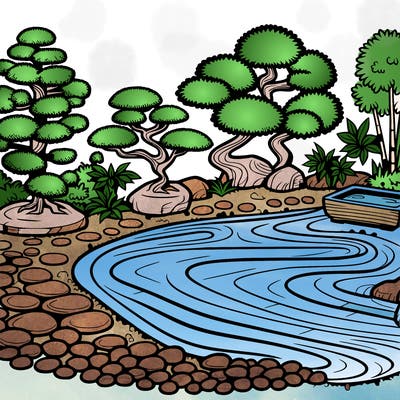 a serene zen garden with raked gravel, bonsai trees, and tranquil ponds
