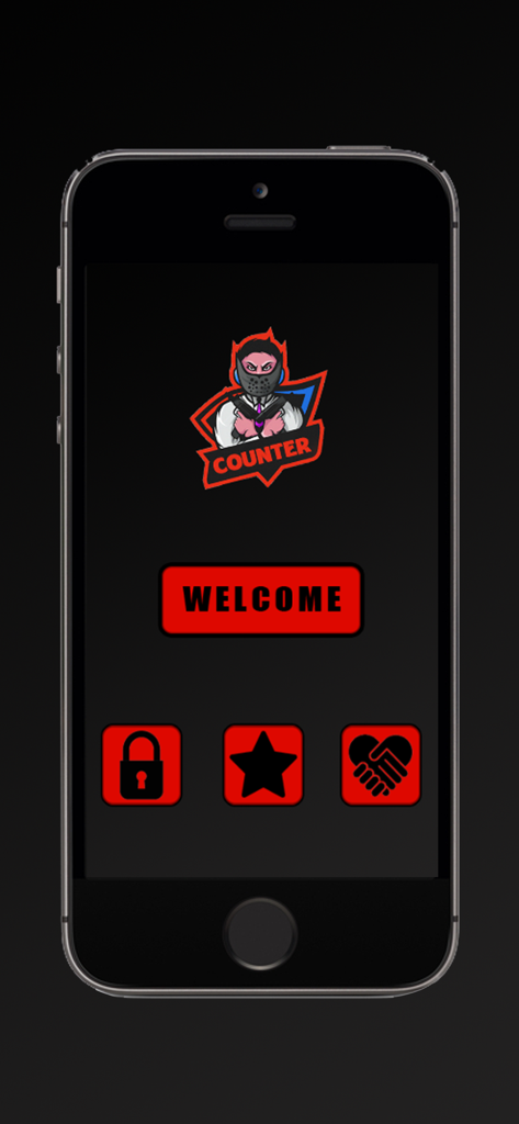 Welcome screen of the PUBG UC and BP counter app with a character logo and red menu buttons