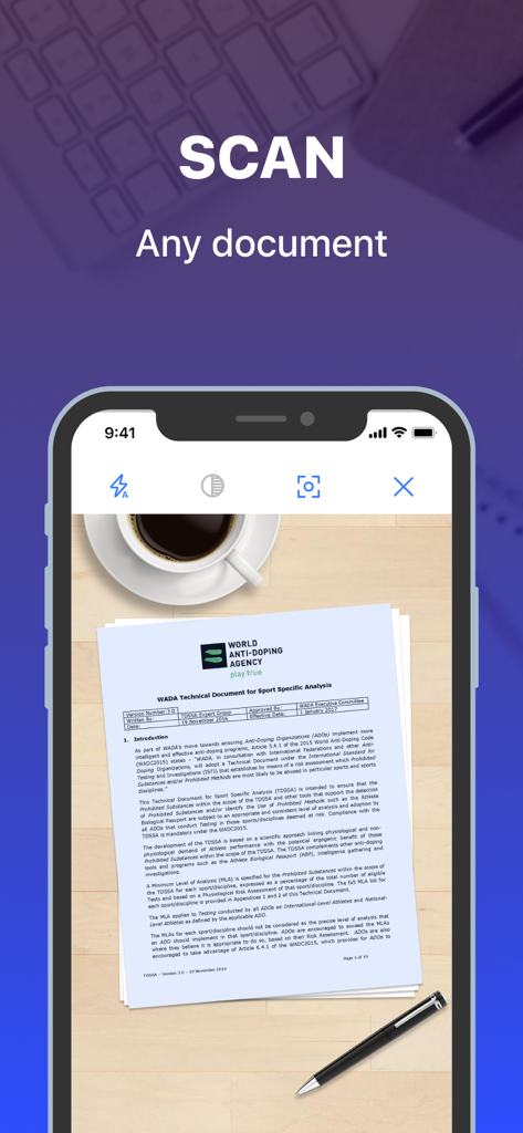 iPhone screen showing a PDF Document Scanner App scanning a paper document on a wooden desk next to a coffee cup and pen