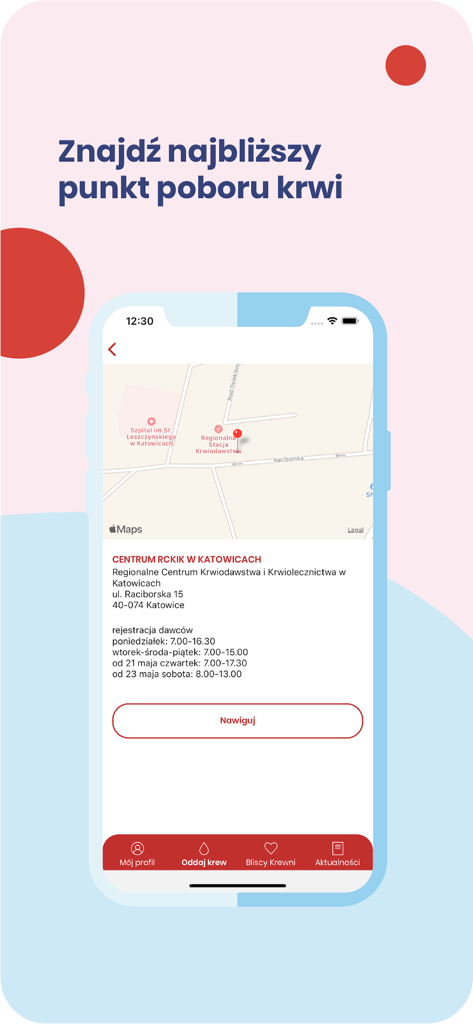 Bliscy Krewni - Map view in the Bliscy Krewni app displaying blood donation center details and a navigation button.