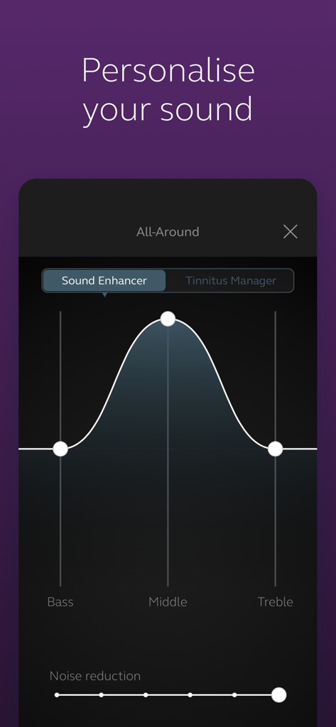 BeMore – for your hearing aids - BeMore app interface showing frequency adjustment sliders for bass middle and treble to personalize hearing aid sound