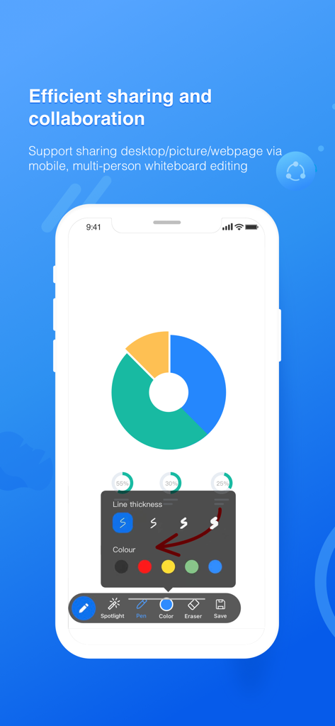 Zhumu App Mobile-Oberfläche, die Echtzeit-Whiteboard-Kollaboration und Dokumentenfreigabefunktionen während eines Videoanrufs zeigt.