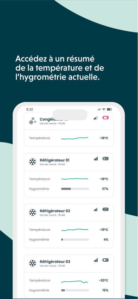 HE connect - Un tableau de bord d'application mobile affichant des données de température et d'humidité en temps réel pour divers réfrigérateurs et congélateurs commerciaux.