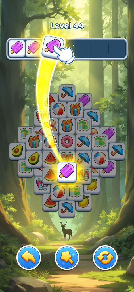 Tile Journey - Matching Puzzle - A tile matching puzzle game screen showing a scenic forest background and level 44.