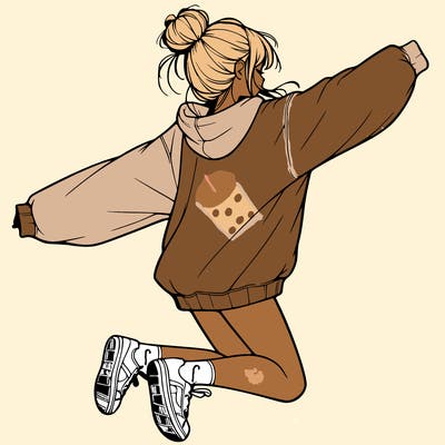 realistic girl jumping with a bun and oversized sweatshirt