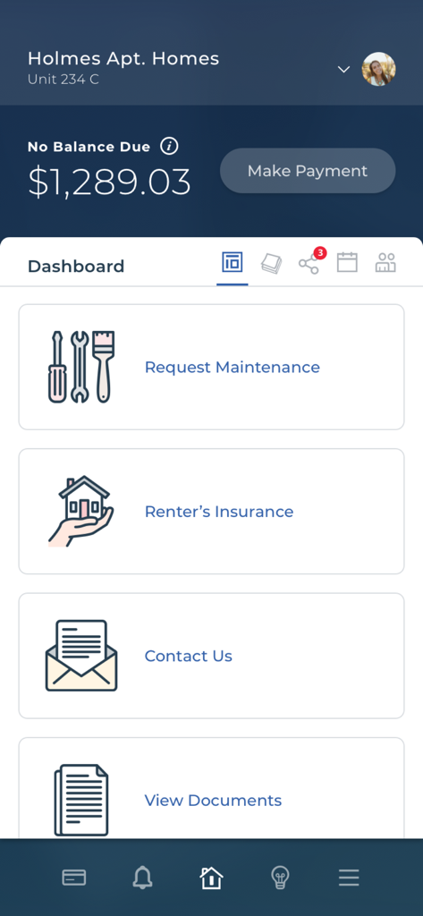 Greystar Resident App - Greystar Resident App dashboard displaying account balance maintenance requests and renter insurance options