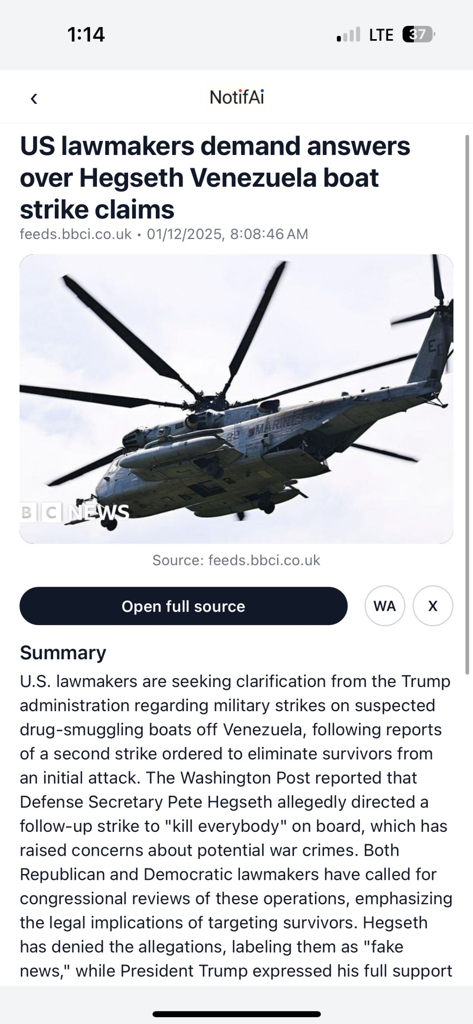 A screenshot of the NotifAi News app displaying an AI generated summary of a world news article with a military helicopter image.