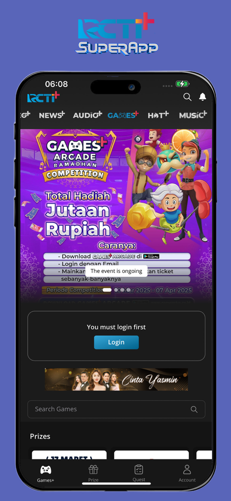 RCTI+ Superapp - The Games+ section of the RCTI+ Superapp displaying a Ramadhan gaming competition banner