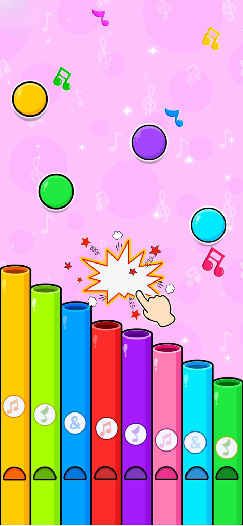 A colorful music game for kids featuring vertical pipes of different colors and falling musical notes on a pink background