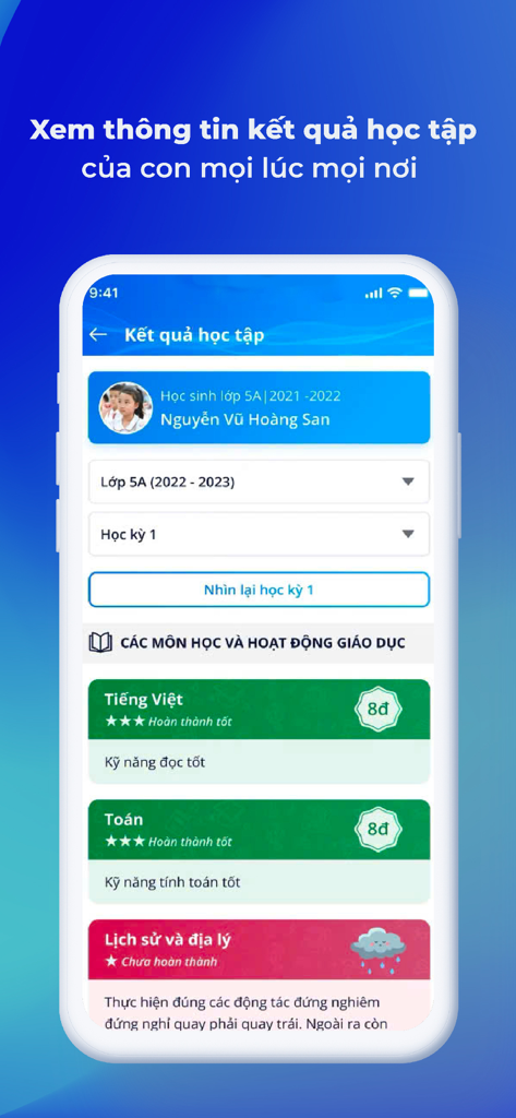 vnEdu Connect - Un écran mobile montrant les notes des élèves et les résultats académiques dans l'application vnEdu Connect.