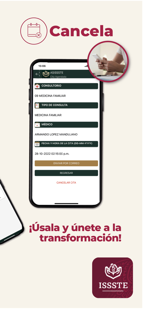 Interfaz de la aplicación ASISSSTE Movil mostrando detalles de la cita médica y una opción para cancelar la cita
