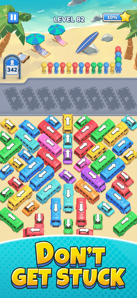 Bus Rush: Car Parking Games - 버스 러쉬 게임 해변 레벨의 다채로운 자동차 및 승객 분류 퍼즐