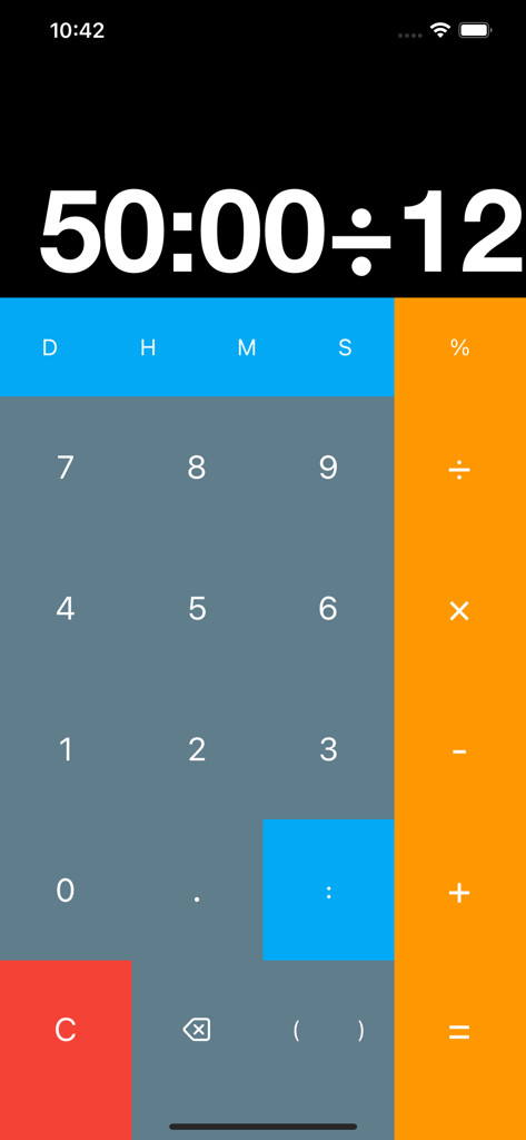 Interface móvel do aplicativo Timely Time Calculator exibindo 50:00 dividido por 12 em um teclado numérico personalizado