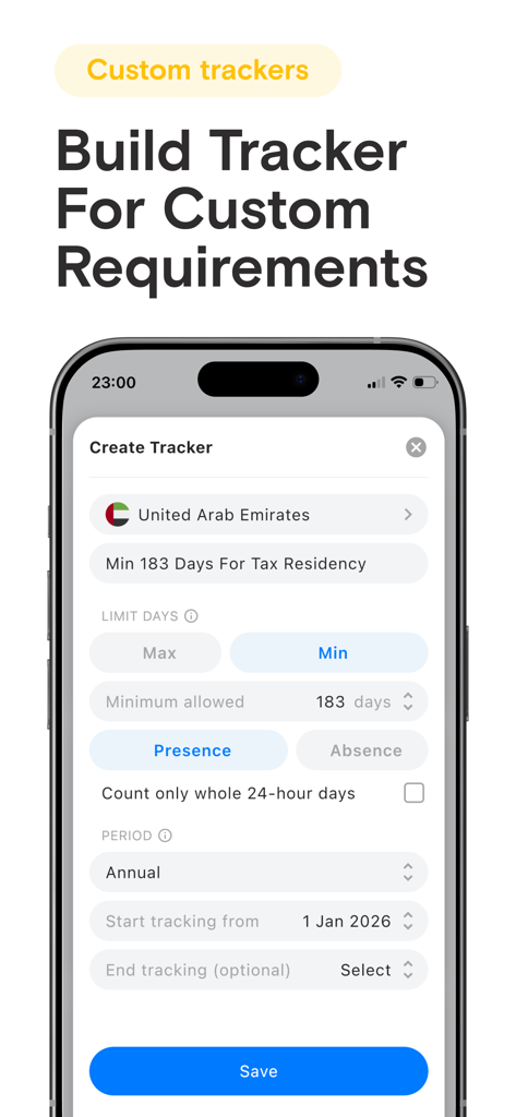 Immio: Country & Tax Tracker - Interface for building a custom tax residency tracker in the Immio app.