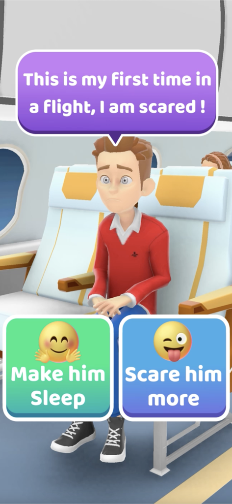 Hyper Hostess - A nervous passenger on a plane with two choice buttons to make him sleep or scare him more in the Hyper Hostess game
