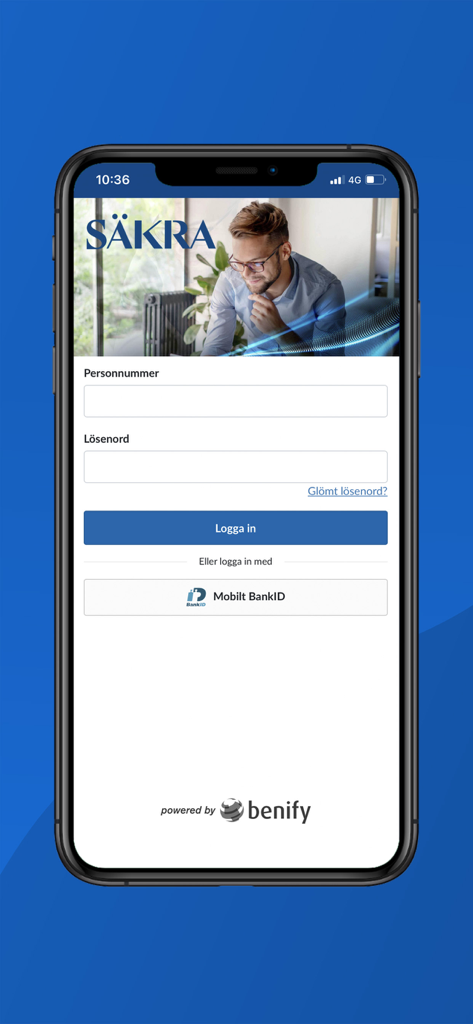 Säkra Total - Login screen for the Sakra Total financial wellness and pension app showing secure sign in options and BankID integration
